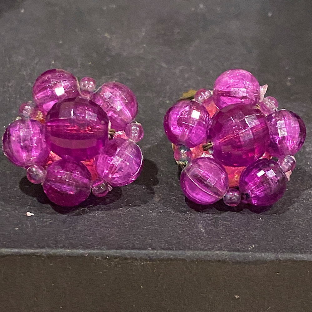 Made In Austria Elegant Purple Beaded Clip On Earrings